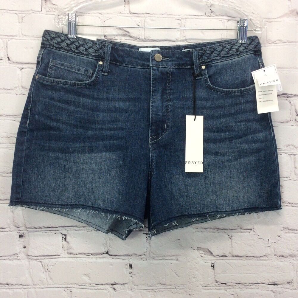 Frayed Jeans High Rise Shorts Women's Size 31 Cut Offs Braided Weave Faux Belt